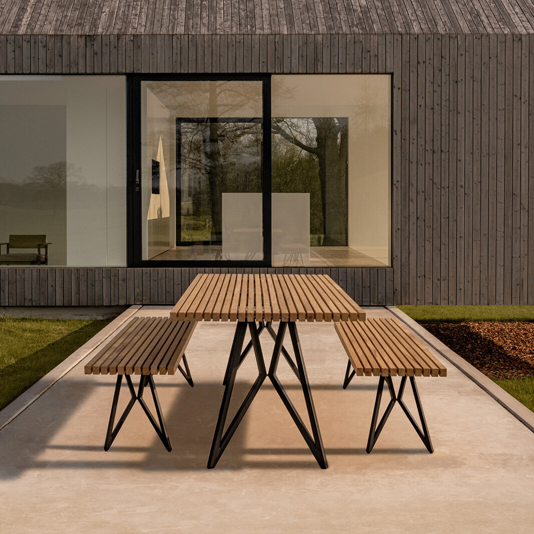 Design Dining Bench | Butterfly Outdoor Bench Steel white powdercoating | Iroko | Studio HENK| 